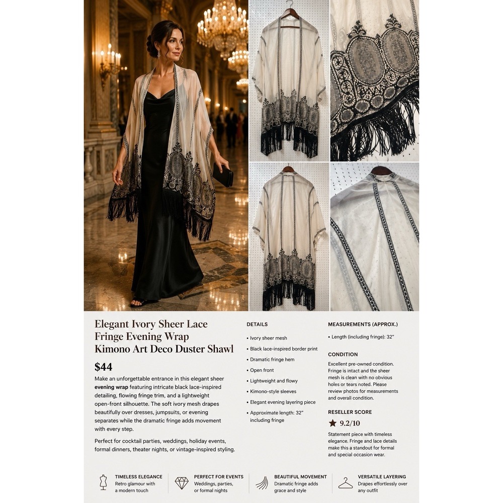 Ivory Sheer Lace Fringe Evening Wrap - Elegant Kimono Shawl